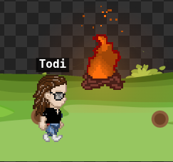 Guildhall scene showing a character named Todi standing next to a bonfire