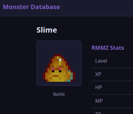 Monster Database detail view showing a slime monster with RMMZ stats